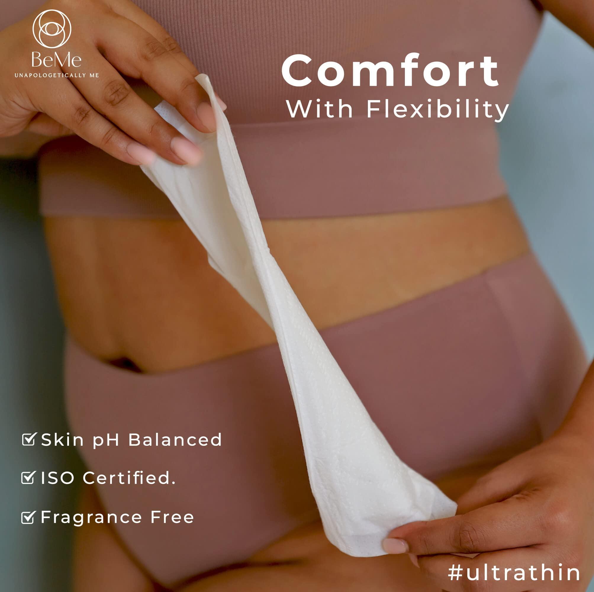 Be Me Be Me - 12 Sanitary Pads For Women, Rash Free, Ultra-Thin, Leak Proof, Biodegradable, Certified Napkins, LARGE for Medium Flow (Pack of 12) With White Disposable Pouch