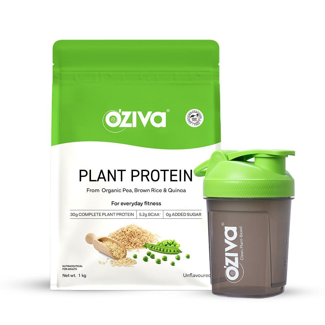 OZiva OZiva Organic Plant Protein for Everyday Fitness | 30g Protein - Pea Isolate | Complete Plant Protein Powder for Men & Women | No Added Sugar, Certified Clean & Vegan (Unflavoured, 1kg + shaker)