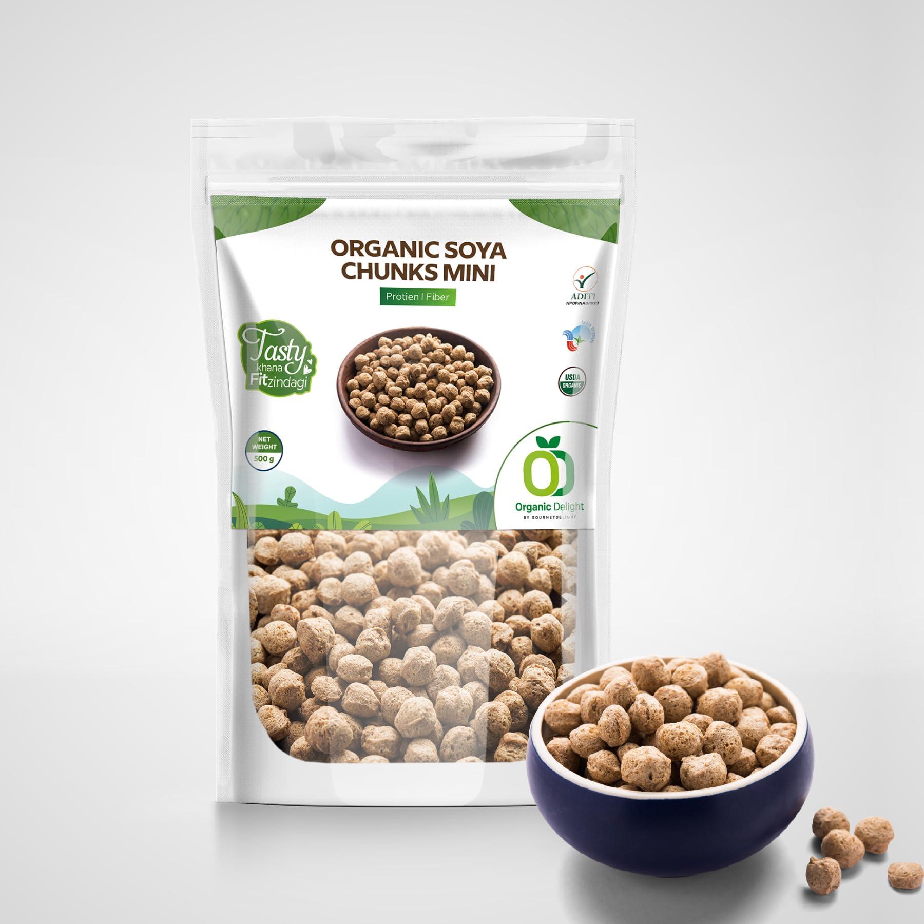 Organic Delight Organic Soya Chunks Mini 500gm By Organic Delight USDA Certified Healthy & Tasty Soya Bean Chunks With Natural High Protein Source Of Dietary High Fiber Fresh Soya Wadi 500 gm