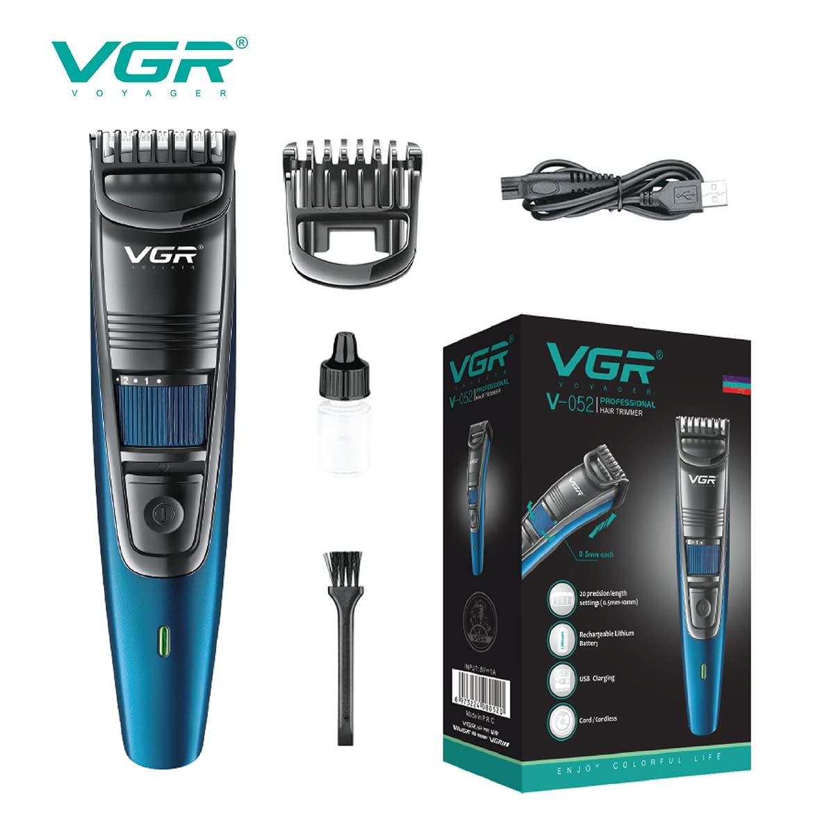 VGR VGR V-052 Professional Hair Trimmer for men  Adjustable Length Settings (0.5-10mm), USB Rechargeable, Cord/Cordless Operation, Washable Head, Includes Guide Comb & Cleaning Accessories (Blue)