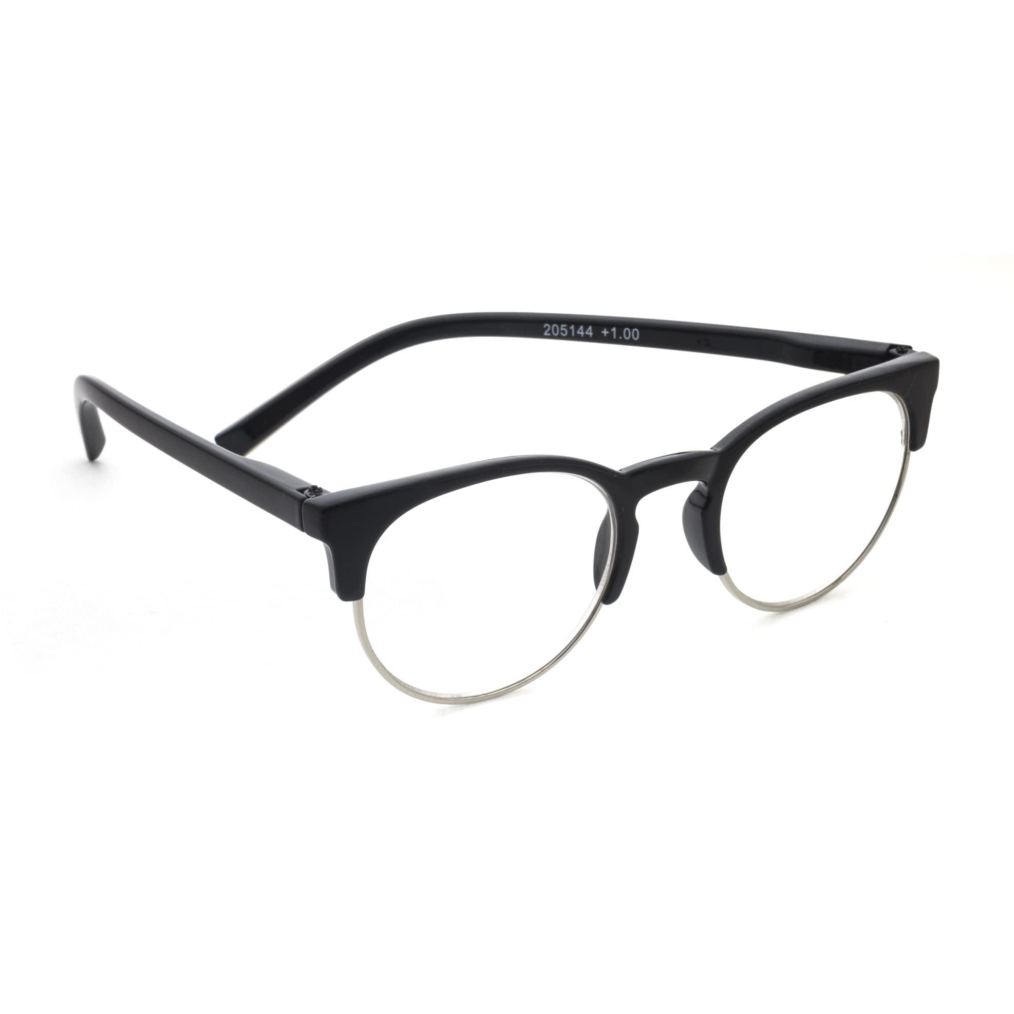 TIZIANO TIZIANO Unisex New Age Reading Glasses with Spring Hinge (Model: 205144 Black with Silver +2.25 with Retro Eye shape)