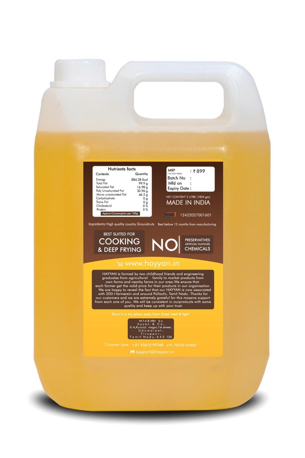 HAYYAN HAYYAN 100% Pure Unrefined Cold/Wood Pressed Virgin Groundnut Peanut Oil 2 Liter - for Cooking (Chekku/Kacchi Ghani)