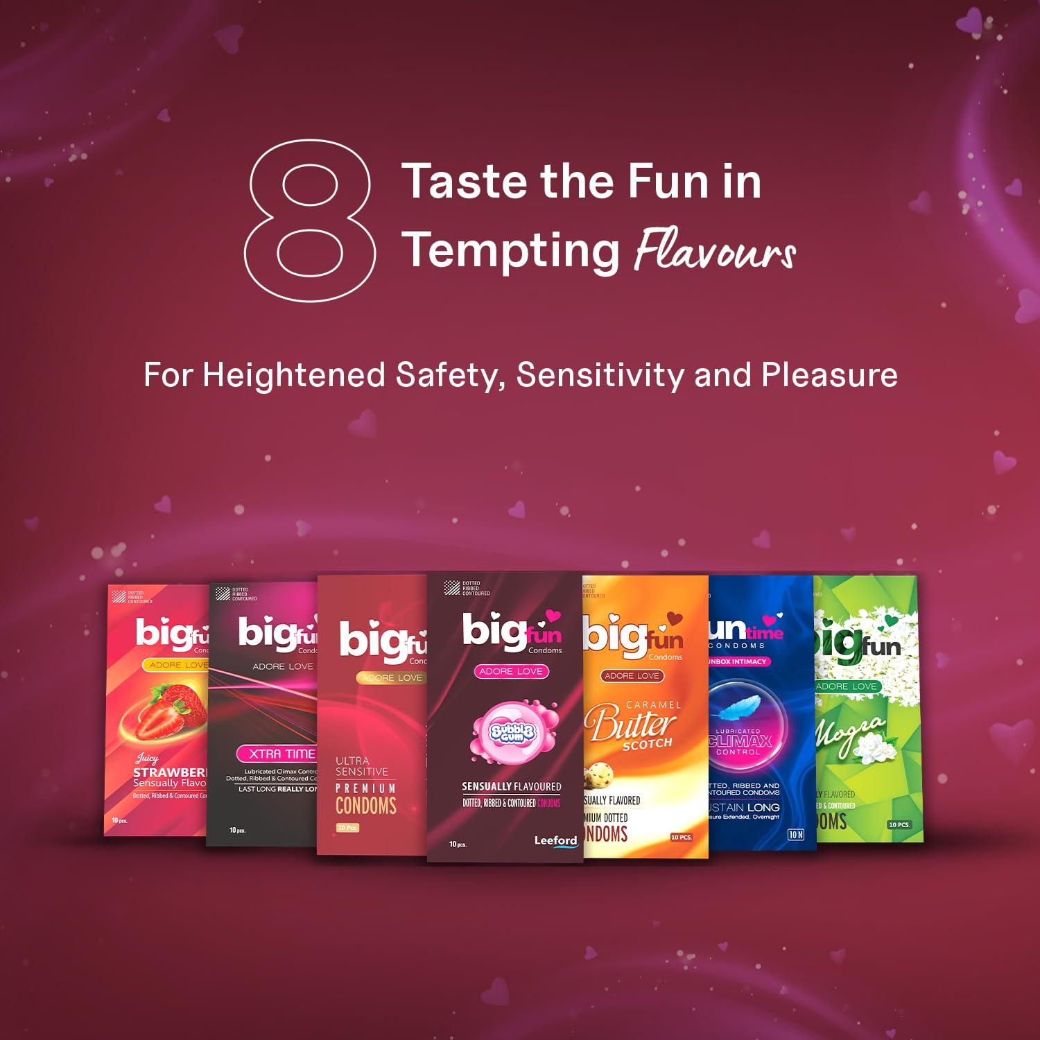 BIGFUN Bigfun Flavoured Dotted, Ribbed & Contoured Long Last Condoms For Men Count 10 - Total 30 Pcs (Juicy Strawberry, Pack of 3)