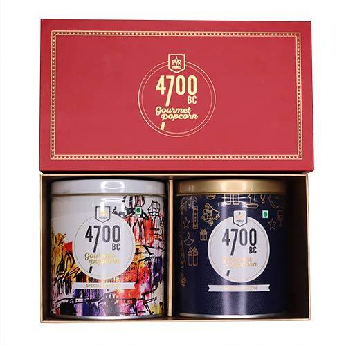 4700BC 4700BC Popcorn Festive Gift Box, 2 Tins, 1 Nutty Tuxedo Chocolate, 1 Himalayan Salt Caramel, 255g (Red)