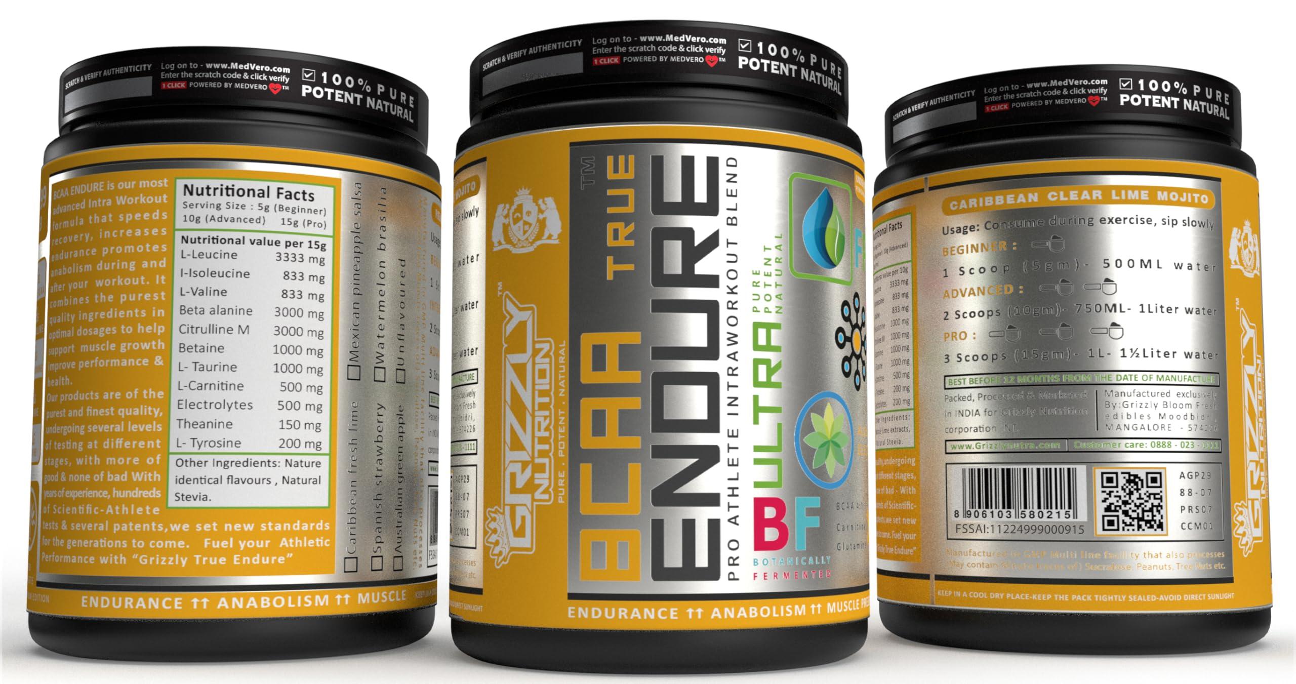 Grizzly Nutrition Grizzly Nutrition True Endure -Bcaa 4:1:1 Pro Ratio (V6 Genesis/ 6th gen 2023) 300 grams upto 60 servings -with Citrulline, B-Alanine, Taurine, L-carnitine with 11 vitality boosters - Platinum grade ( Mexican pineapple salsa Flavoured )