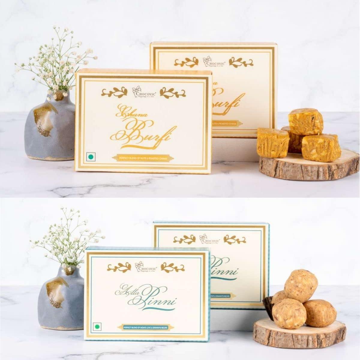 Chocovic Chocovic Sweets Combo | Punjabi Sweets | Pack of 2 | Chana Burfi and Atta Pinni | Indian Sweets | Each- 200gm |