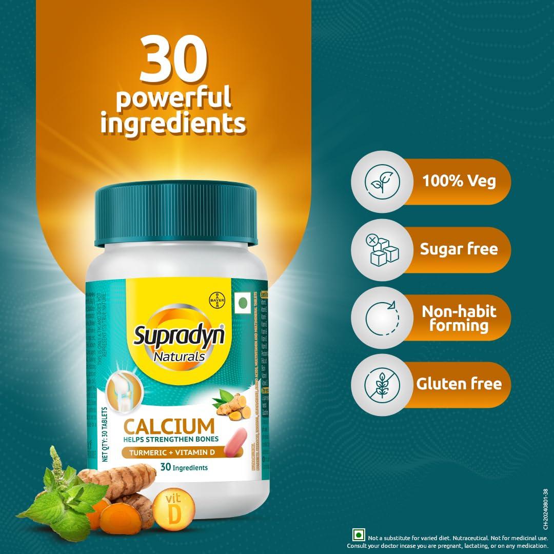 Supradyn Supradyn Naturals Calcium for Men and Women|Multivitamin with Vitamin D, Magnesium, Zinc, Vitamin B 12 & Turmeric|For Bone health and Joint support|Pack of 60 tabs|Veg