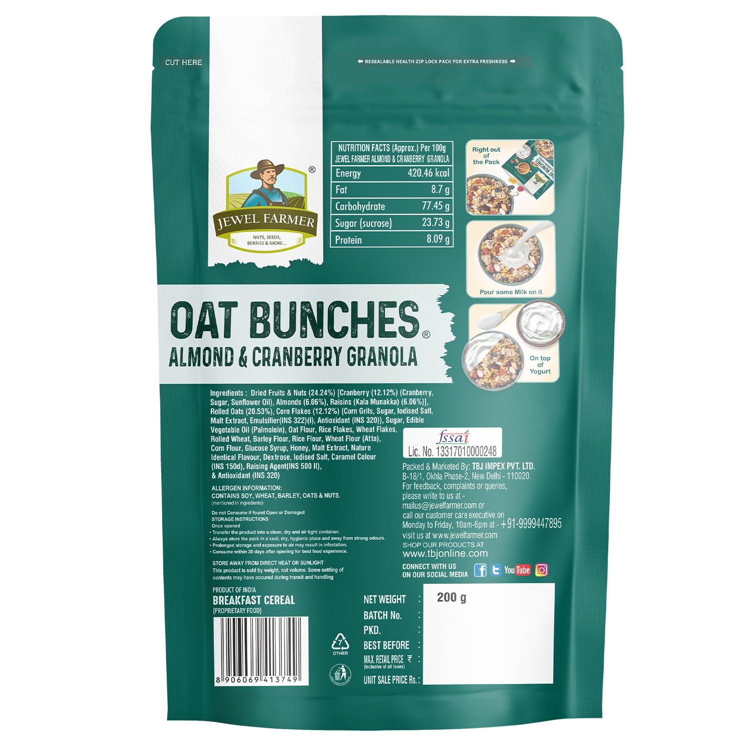 JEWEL FARMER Jewel Farmer Oat Bunches Almond & Cranberry Crunchy Granola 200gm With Multigrains | No Preservative | Vegan & Plant Based | High in Fibre & Protein | Breakfast Cereal Can Be Consumed As Muesli