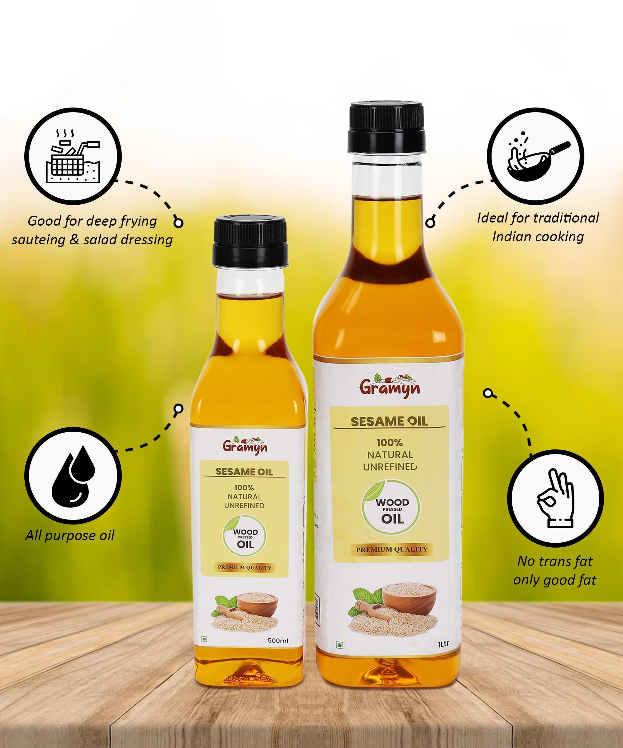 Graymn Wood Cold pressed Sesame Gingely Oil Naturally Cholesterol Free, Sesame Oil with Rich Aroma Flavour of Real Sesame Seeds, Can Be Used in Daily Cooking, Multipurpose Usage