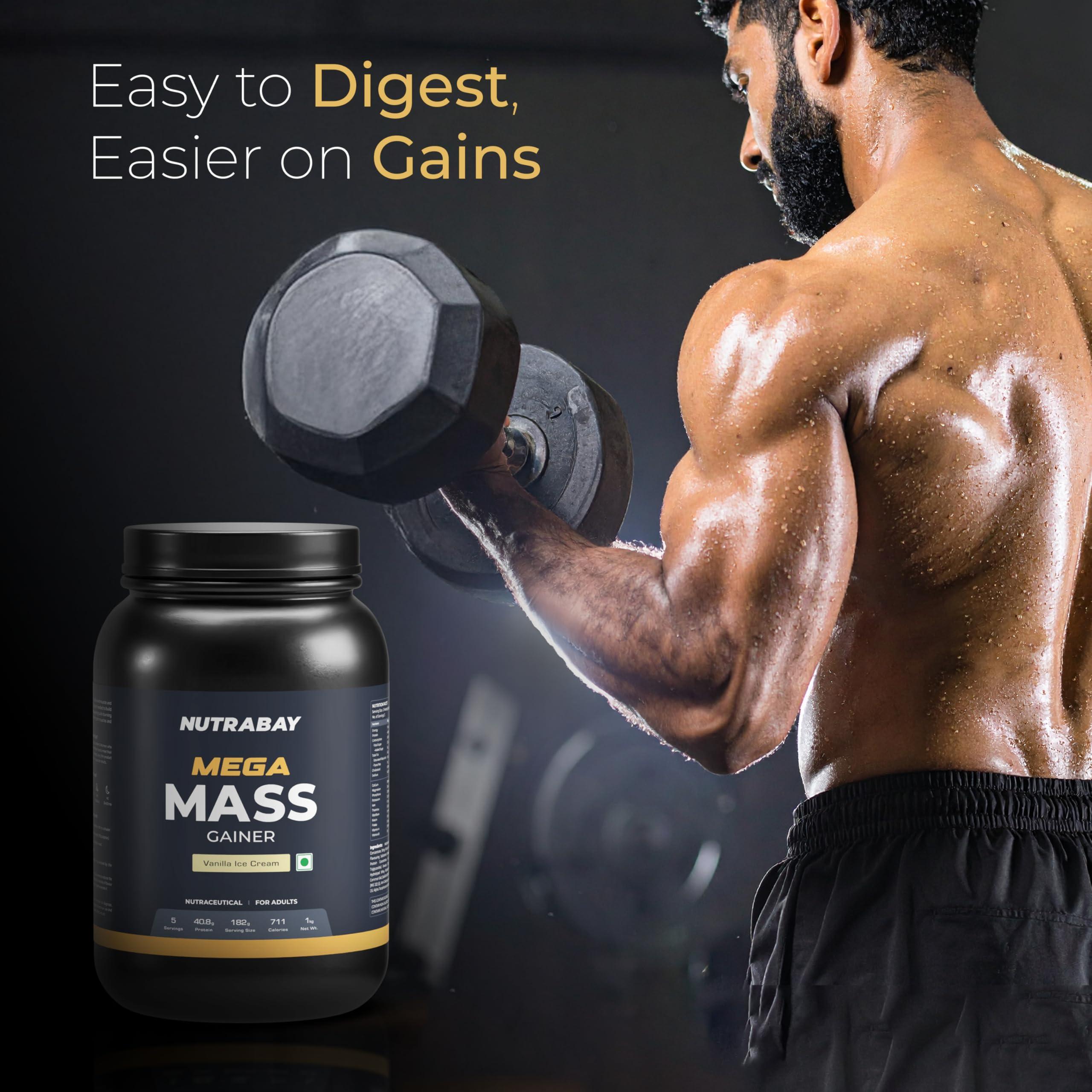Nutrabay Nutrabay Gold Mega Mass Gainer Powder - 1kg, Vanilla Ice Cream | 100% Veg | 40.8g Protein, 123g Carbs, 711 Calories | Muscle Building & Weight Gainer Supplement for Men & Women