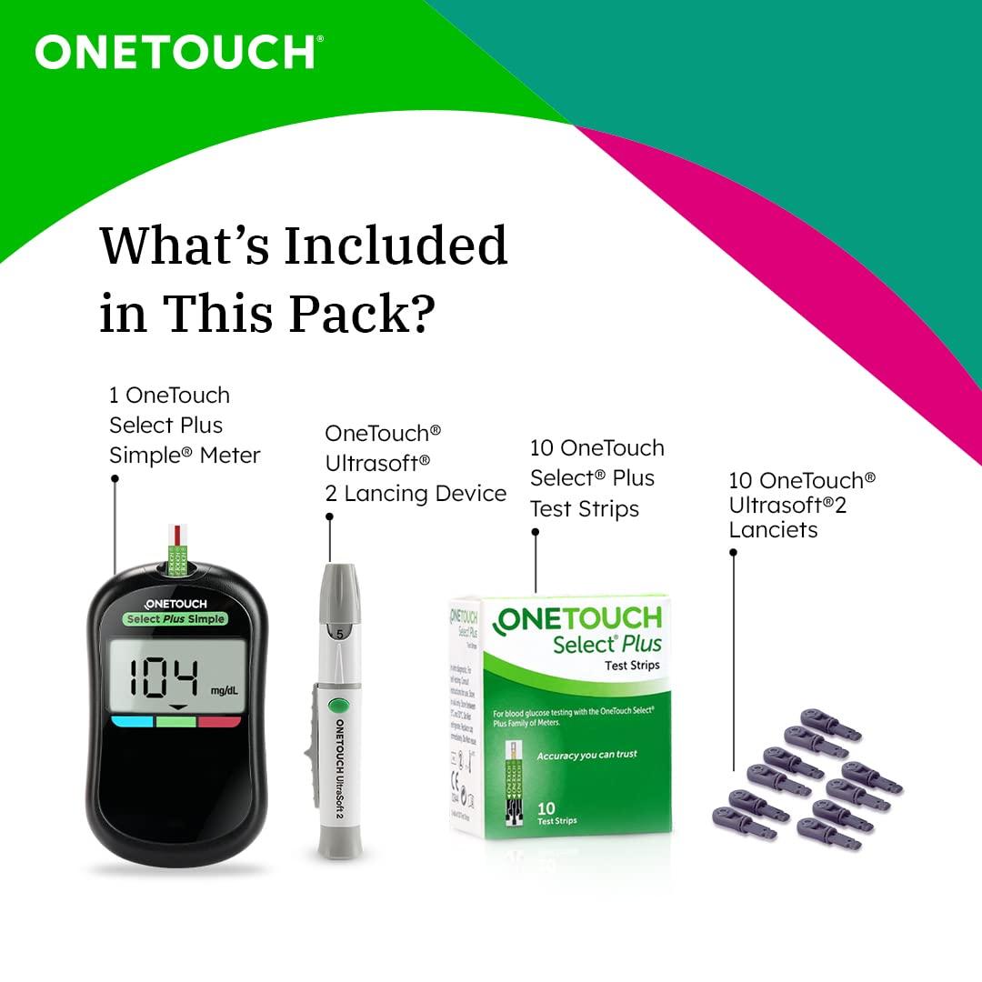 OneTouch OneTouch Select Plus Simple glucometer machine | Simple & accurate testing of Blood sugar levels at home | Global Iconic Brand | FREE 10 Test Strips + 10 Sterile Lancets + 1 Lancing device