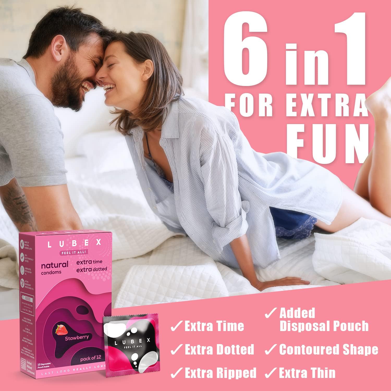 LUBex Lubex 6 in 1 Condoms - Long Lasting, Extra Dotted with Condom Disposable Bags - Extra Ribbed for Girls & Extra Time for Men - Strawberry Flavour - Combo Pack of 12 Condoms