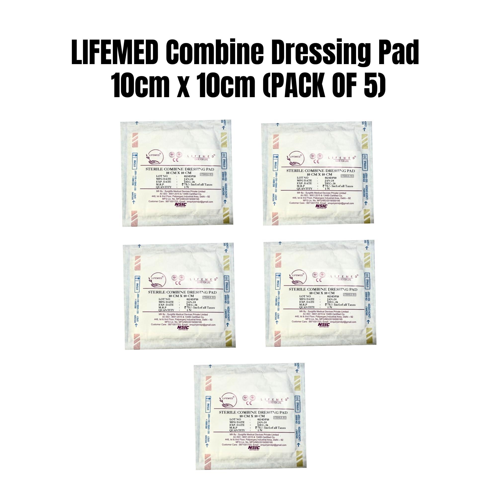 LIFEMED LIFEMED High-Absorbency Combine Dressing Pad 10cm x 10cm, Sterile Medical Wound Dressing, Pack of 5 for First Aid and Wound Care