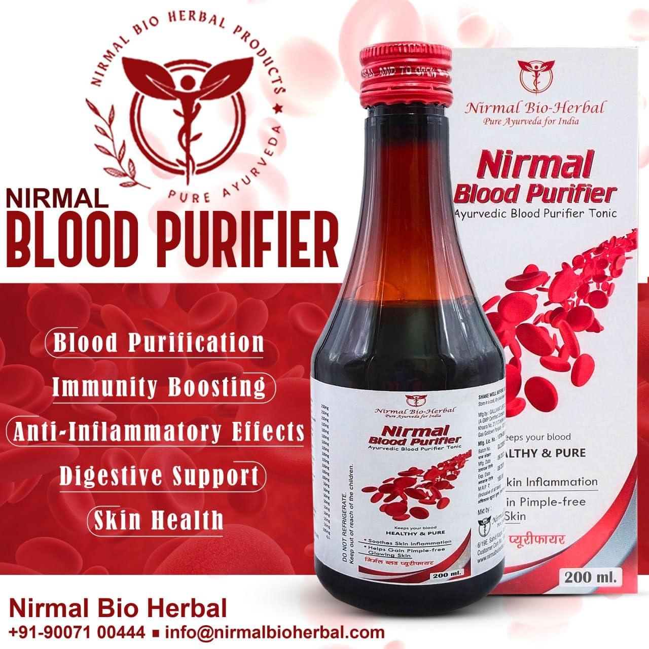 Nirmal Bio-Herbal \"Nirmal Blood Purifier Ayurvedic Syrup |Supports Detox, Clear Skin & Healthy Digestion |Can Soothen skin Inflamation & Helps in gaining pimple free Glowing Skin- Pack of 2 X 200ml = 400ml