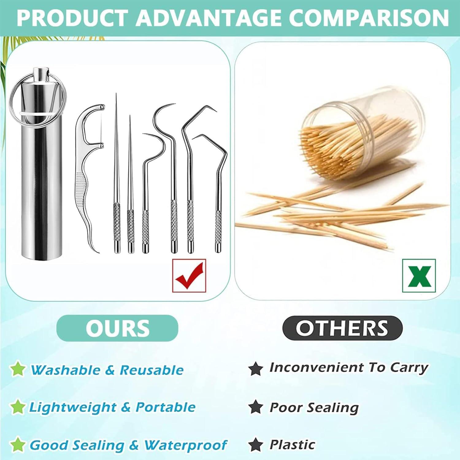 VIVUE VIVUE Dental Teeth Tools Kit | 7 in 1 Stainless Steel Teeth Cleaning Tool Kit | Portable Toothpicks Pocket Set | Dental Hygiene Kit Toothpicks Flosser for Outdoor Picnic Camping Traveling