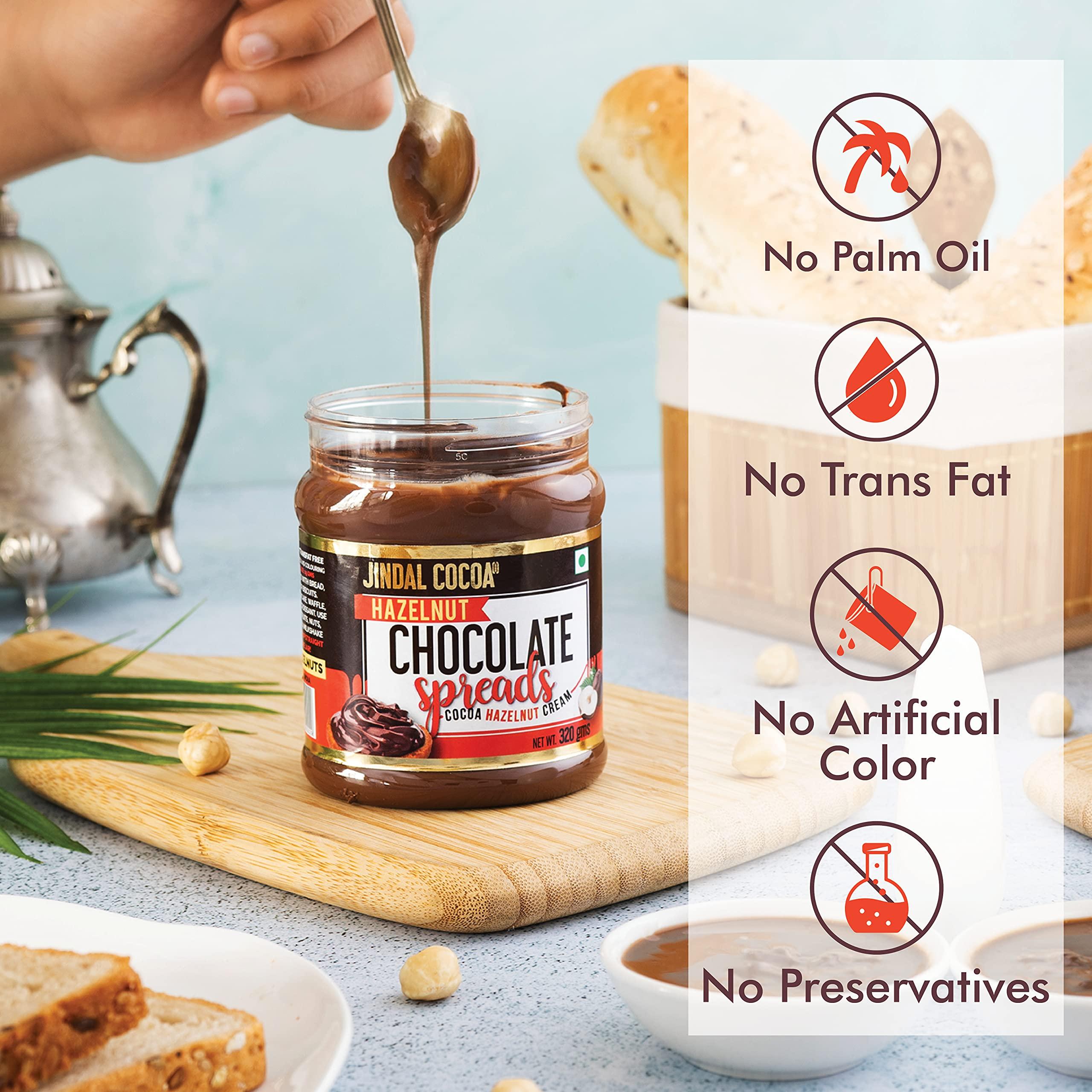 Jindal Cocoa JINDAL COCOA Hazelnut Chocolate Spread 320 Gm | Pack Of 4 | No Palm Oil | 15% Roasted Hazelnuts | No Trans-Fat & No Artificial Preservatives | Creamy & Delicious