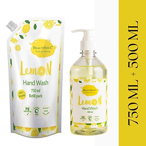 Beautisoul Beautisoul Lemon Handwash with Pure Lemon and Glycerin | pH balanced Liquid Handwash | Handwash refill pack offer (Pack of 2) (750ml + 500ml)