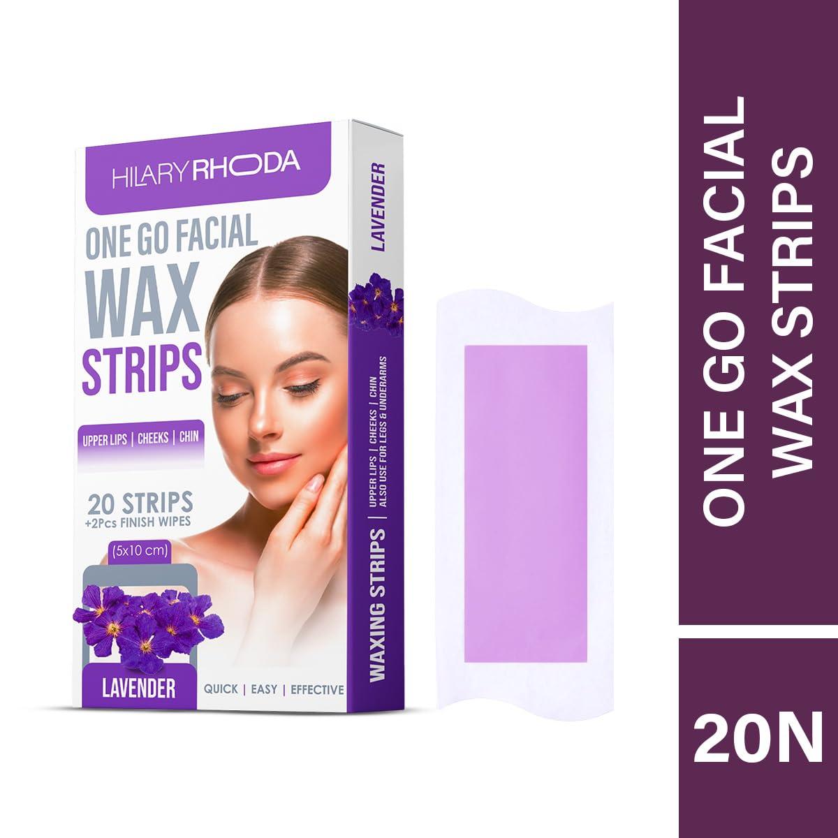 Hilary Rhoda Hilary Rhoda One Go Facial Wax Strips | Ready-To-Use Facial Wax Strips | Face, Cheek, Upper Lip & Chin Facial Wax | Painless Hair Removal | With 2 Finish Wipes | 20 Strips (Lavender)