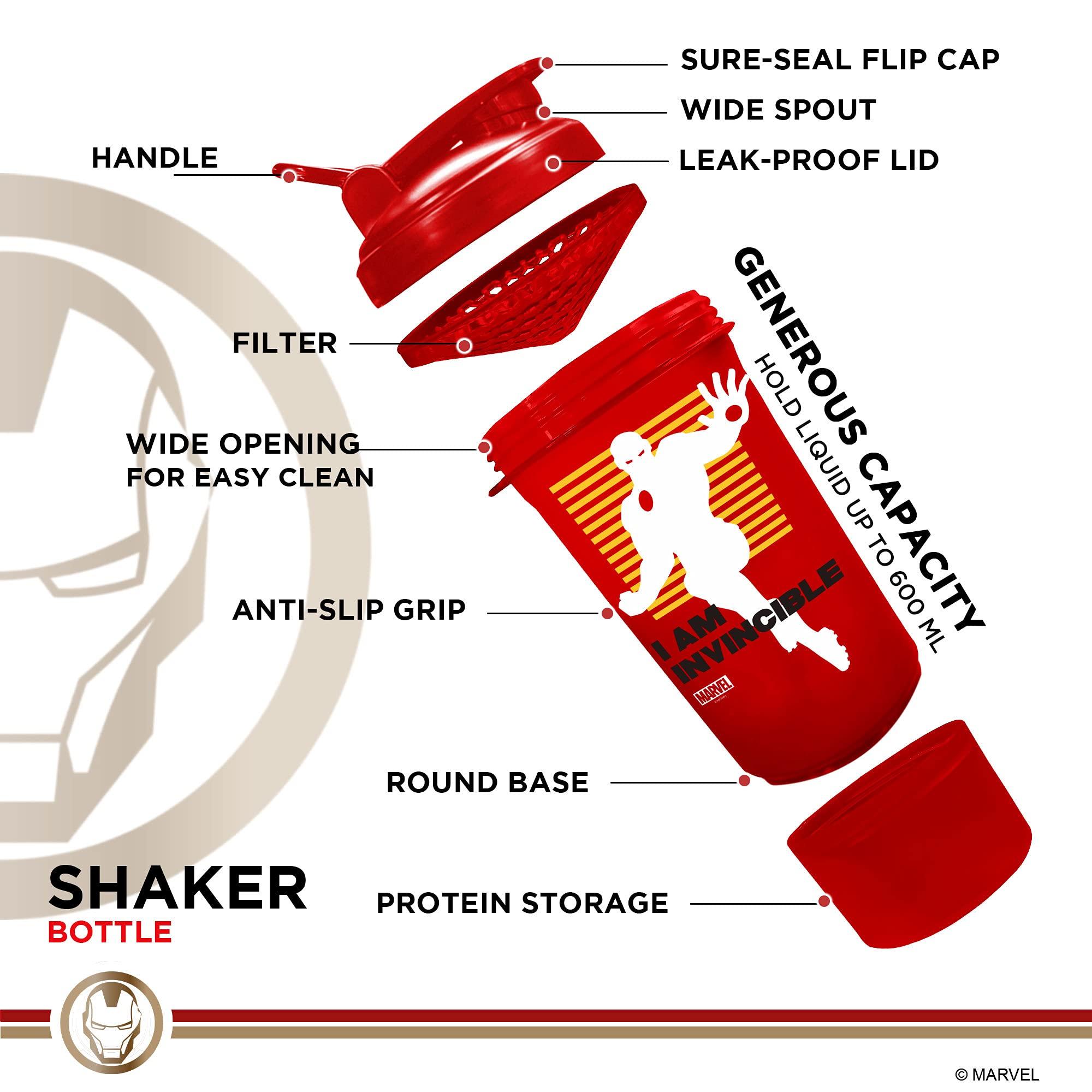 PowerMax Fitness PowerMax Fitness X Marvel MSB-6S Iron Man Marvel Edition Shaker Bottle 600ml, 100% Leakproof Guarantee Sipper Bottle Ideal for Protein, Pre-Workout & BCAAS, BPA Free, Plastic (Red, Pack of 1)