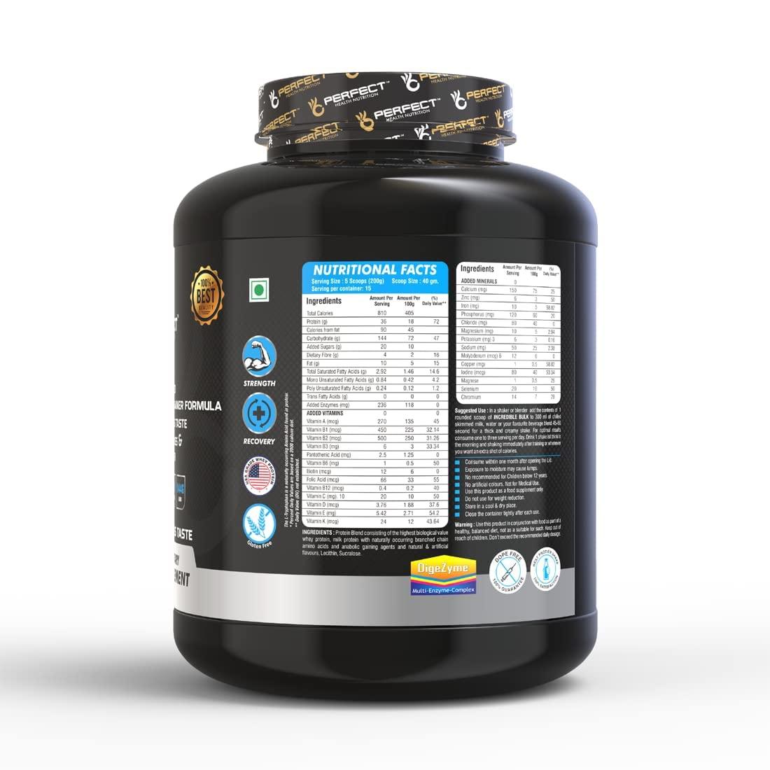 PERFECT HEALTH NUTRITION Perfect Health Nutrition Incredible Bulk Extreme Weight Gainer with Digestive Enzymes 810 Calories & 36 gm Protein Gain Strength & Size Weight Gainer (6.6 lb) New (Vanilla, 3 Kg)