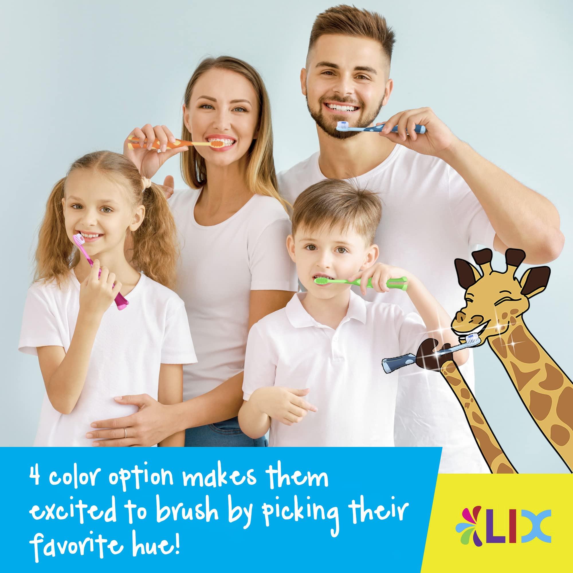 55Dental 55Dental Kids Toothbrush Set of 8 Soft Giraffe Toothbrush for Kids 3-12. Easy-Grip, Bristle Cover, Self-Standing & Splited Bottom for Cup Rim. by Lix, 4 Colors