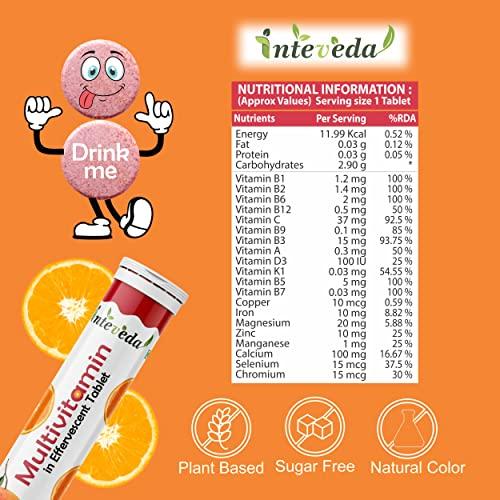 Inteveda Inteveda Multivitamin Effervescent Tablets for Women & Men with Vitamins, Minerals & Antioxidants |Energy Booster | Sugar Free | 200 Effervescent Tablets - Orange Flavour