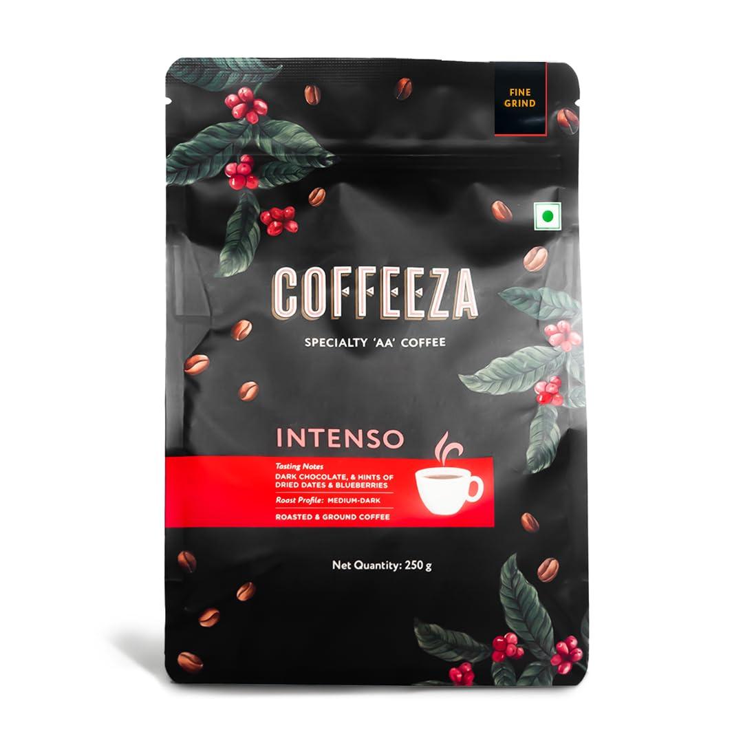 COFFEEZA COFFEEZA Intenso Ground Coffee | Fine Grind (Espresso & Moka Pots) | Premium Grade, Medium-Dark Roasted Ground Coffee - 250Gm, Bag