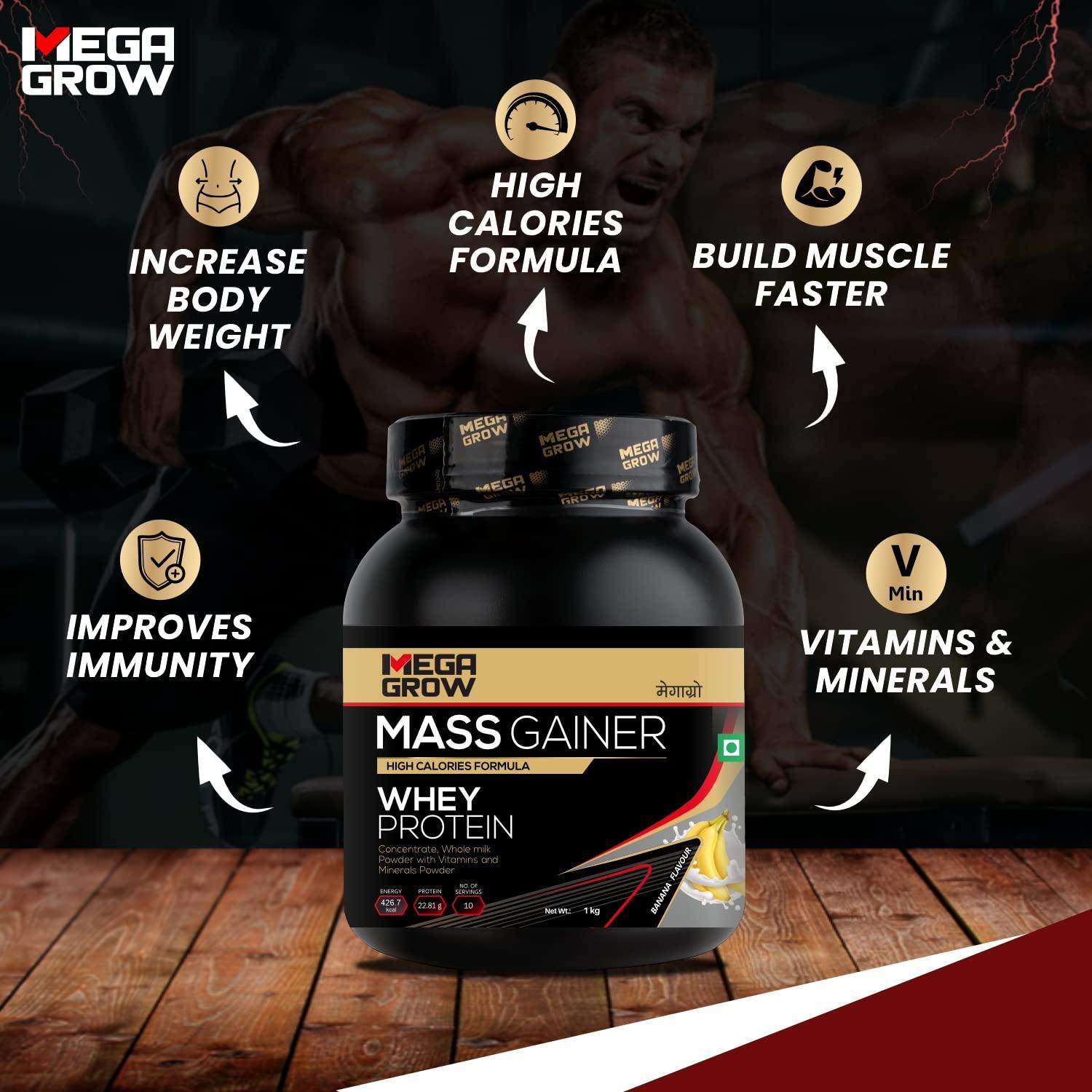 MEGAGROW Megagrow Mass Gainer 1kg Banana Flavor High Calorie Whey Protein Powder for Muscle Growth & Muscle Buidling Pre/Post Workout Supplement for Men & Women - Total 10 Servings