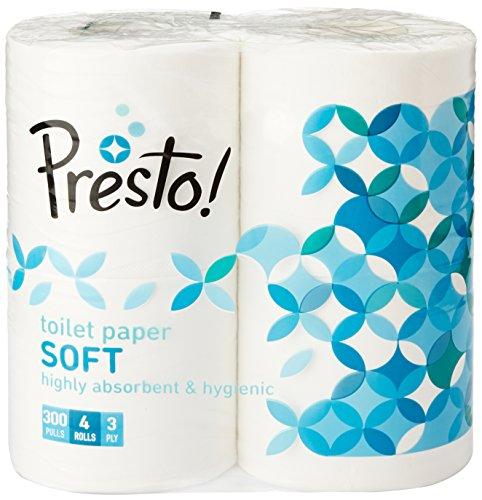 Presto! Amazon Brand - Presto! 3 Ply Toilet Paper Tissue Roll - 4 Rolls (300 Sheets Per Roll) & Amazon Brand - Presto! 2 Ply Kitchen Tissue/Towel Paper Roll - 60 Pulls (Pack of 6)