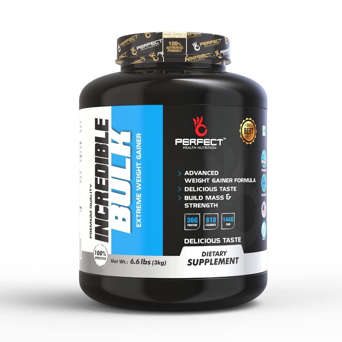 PERFECT HEALTH NUTRITION Perfect Health Nutrition Incredible Bulk Extreme Weight Gainer with Digestive Enzymes 810 Calories & 36 gm Protein Gain Strength & Size Weight Gainer (6.6 lb) New (Vanilla, 3 Kg)