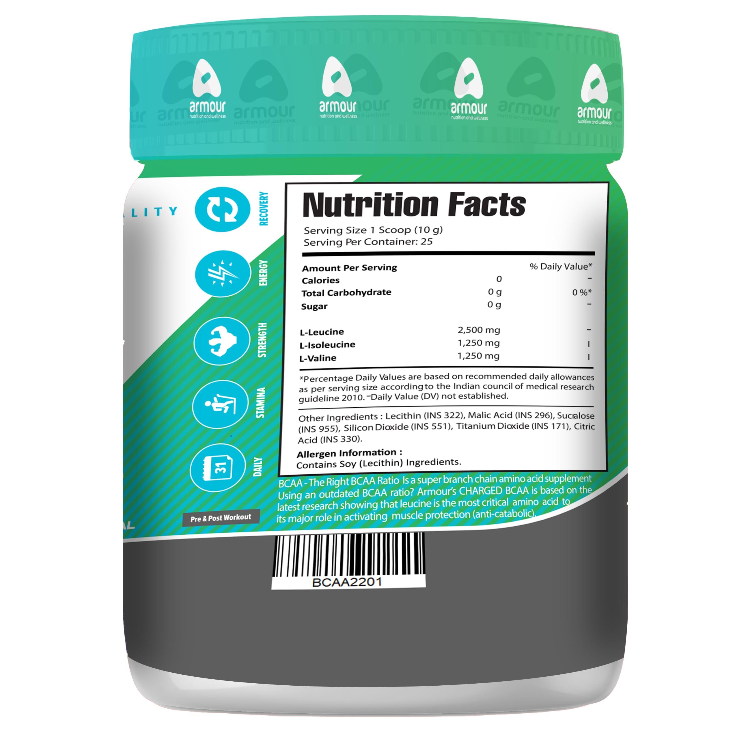 ARMOUR NUTRITION ARMOUR NUTRITION Charged BCAA 250gm Revolition Green Tea Flavor 25 Servings Support Muscle Growth & Recovery