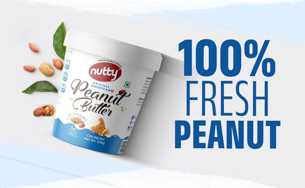 NUTTY NUTTY Goodness of Crunchy Natural Peanut Butter | Unsweetened & 100% Roasted Peanuts | No Added Sugar, Salt, or Hydrogenated Oils | High Protein Peanut Butter Crunchy | Gluten-Free & Vegan | 2.5kg Jar