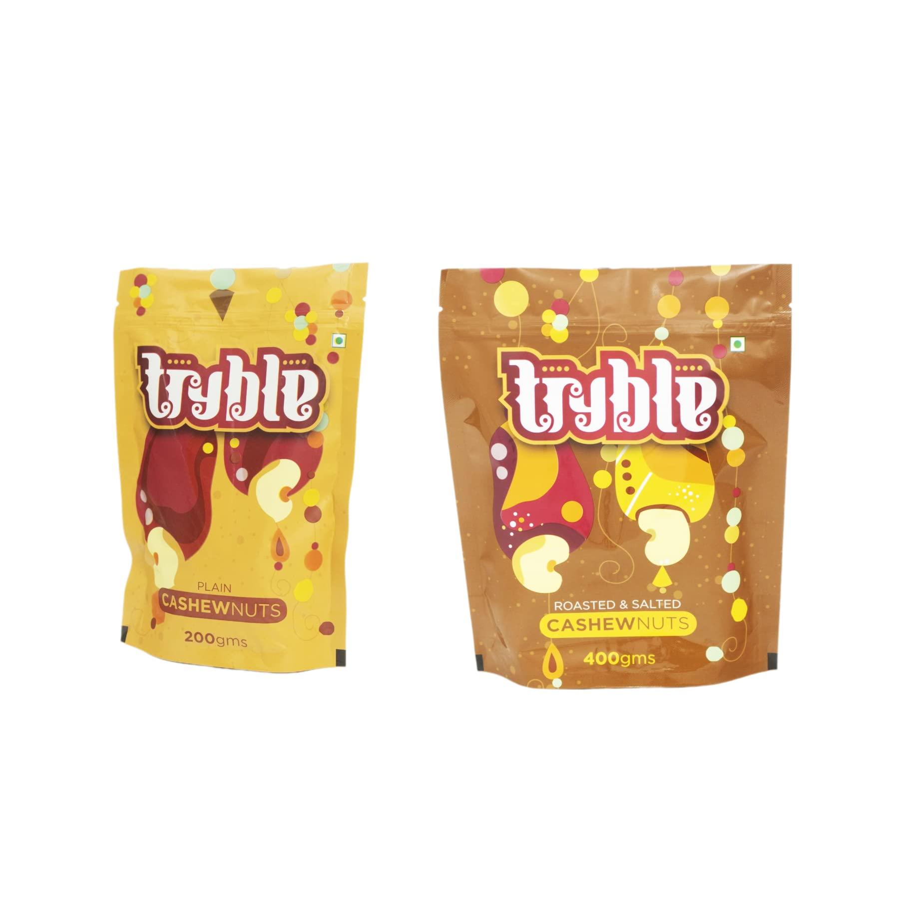 tryble Tryble Combo Pack of Two Flavour Cashew | Plain 200g & Roasted and Salted 400g | Kaju | W320 Grade Whole Cashews | Nutritious, Delicious & Crunchy Kaju