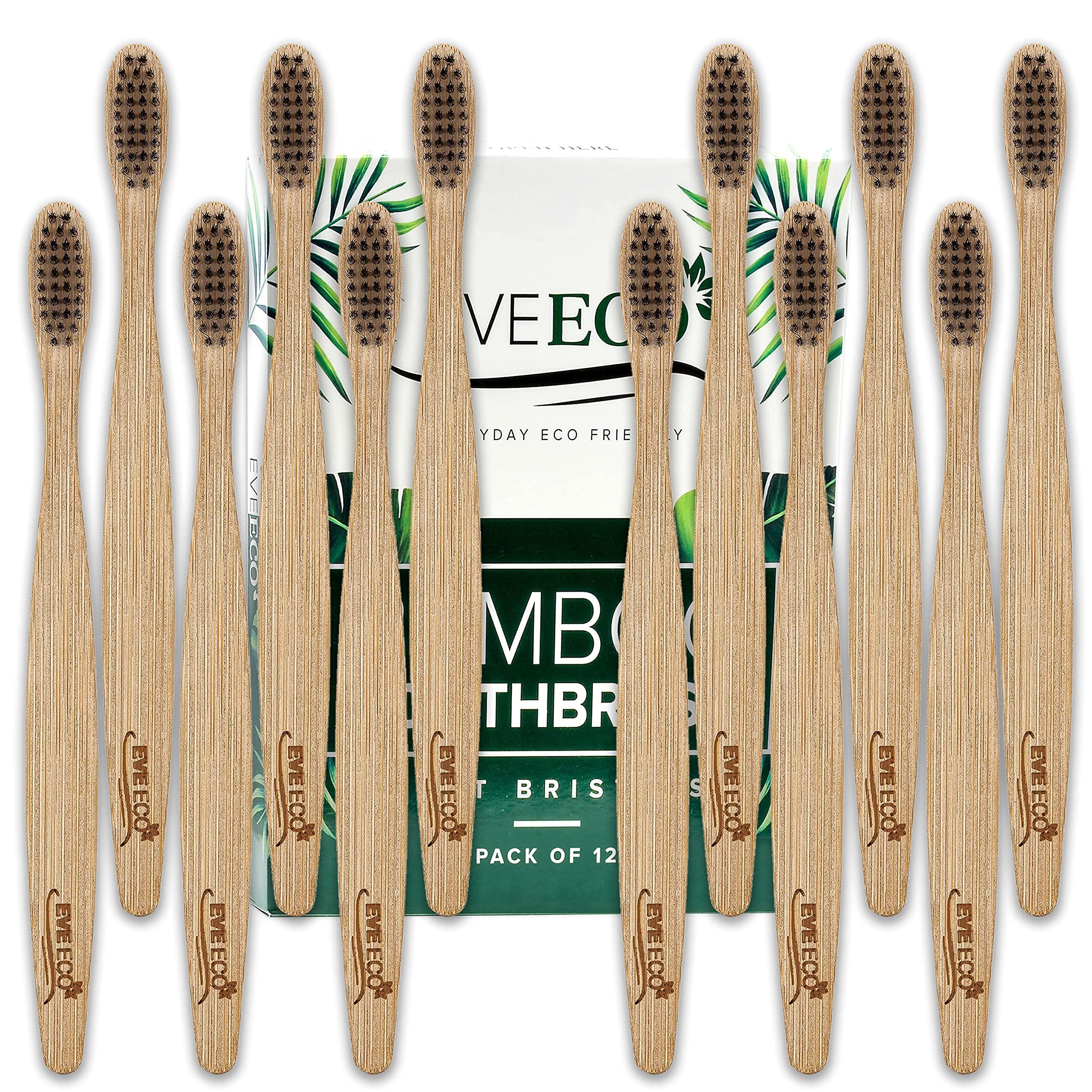 EveEco 12 Pack I Bamboo Toothbrush I Soft Bristles Best For Sensitive Gums I Charcoal I Vegan I Natural Wood I BPA Fee I Recyclable I Compostable I Biodegradable | Environmentally Friendly | By EveEco