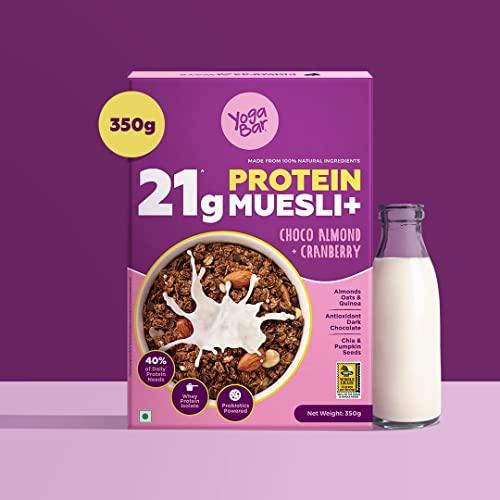 Yogabar Yogabar High Protein Muesli - Choco Almond & Cranberry - 21g Protein Muesli with Premium Whey Protein Isolate 350g, and 1 High Protein Oats 850g | Choco Almond Oatmeal | High Fiber (Combo of 2)