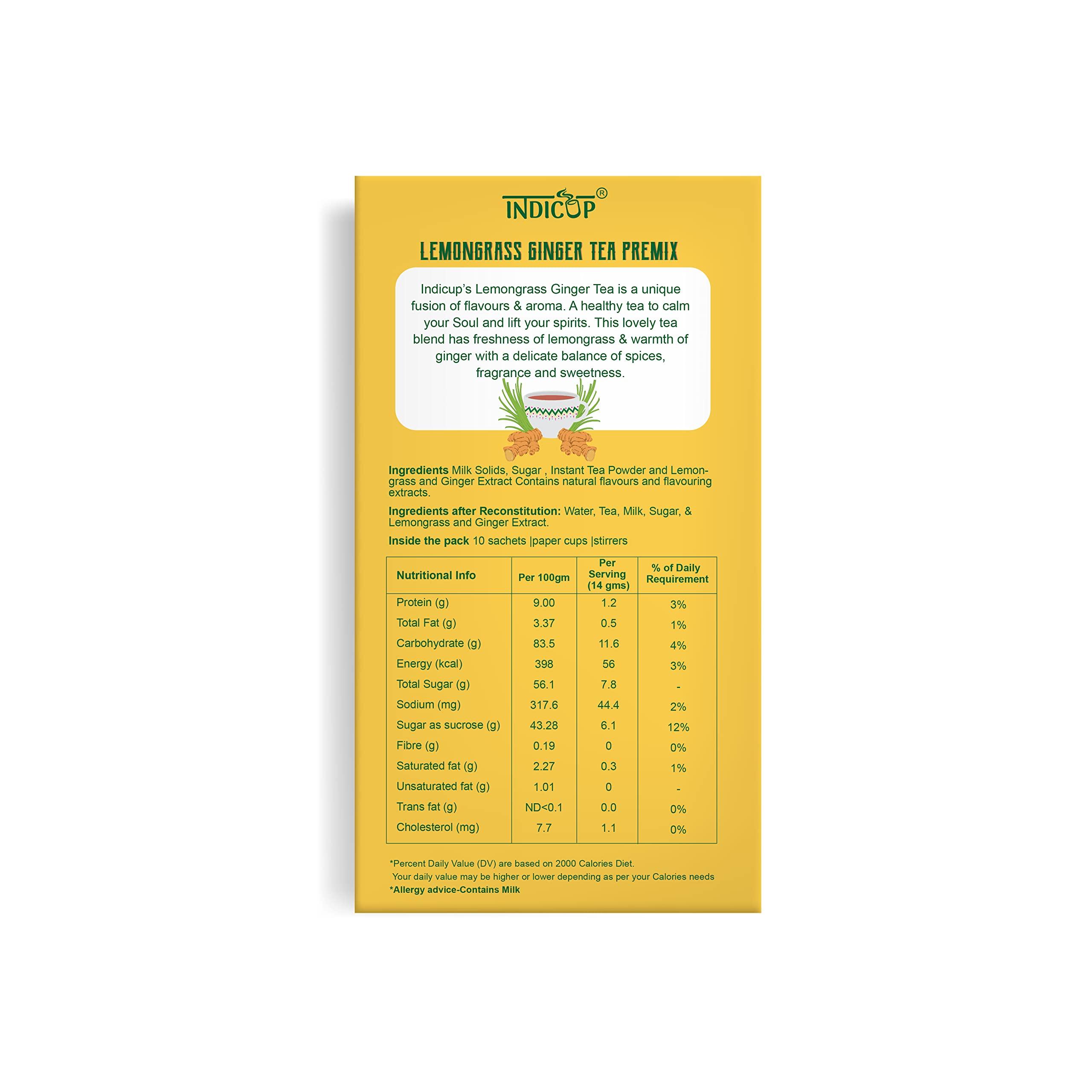 INDICUP Indicup Lemongrass Ginger Tea Instant Premix, Pack of 2-20 sachets (280gms), Instant tea mix, Refreshing taste (2 box - 10 sachets in each)