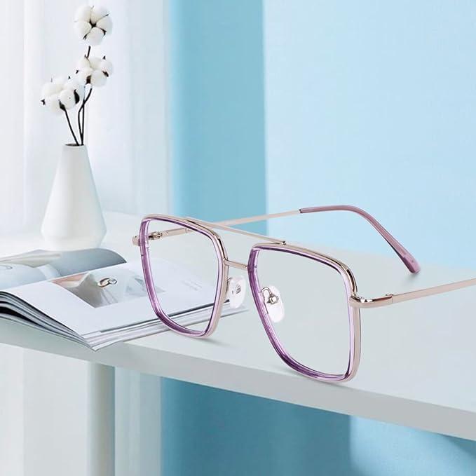 Dervin Dervin Blue Light Blocking Blue Cut Zero Power anti-glare Retro Square Eyeglasses, Frame for Eye Protection from UV by Computer/Tablet/Mobile/Laptop (Purple)