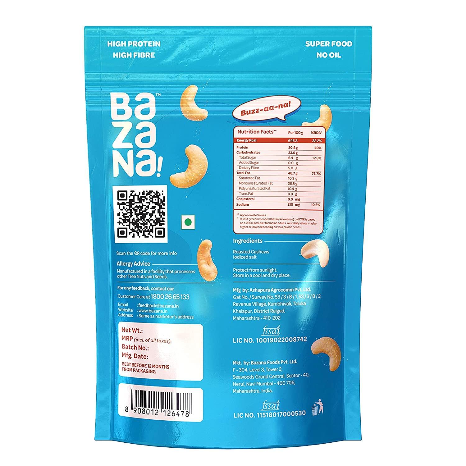 Bazana Bazana Roasted Salted Cashews (175g) - Protein-Packed, Fiber-Enriched, Healthy Fats | Elevate Your Snacking Experience with an Immunity Boost | Perfect for Vegetarians and Keto Enthusiasts