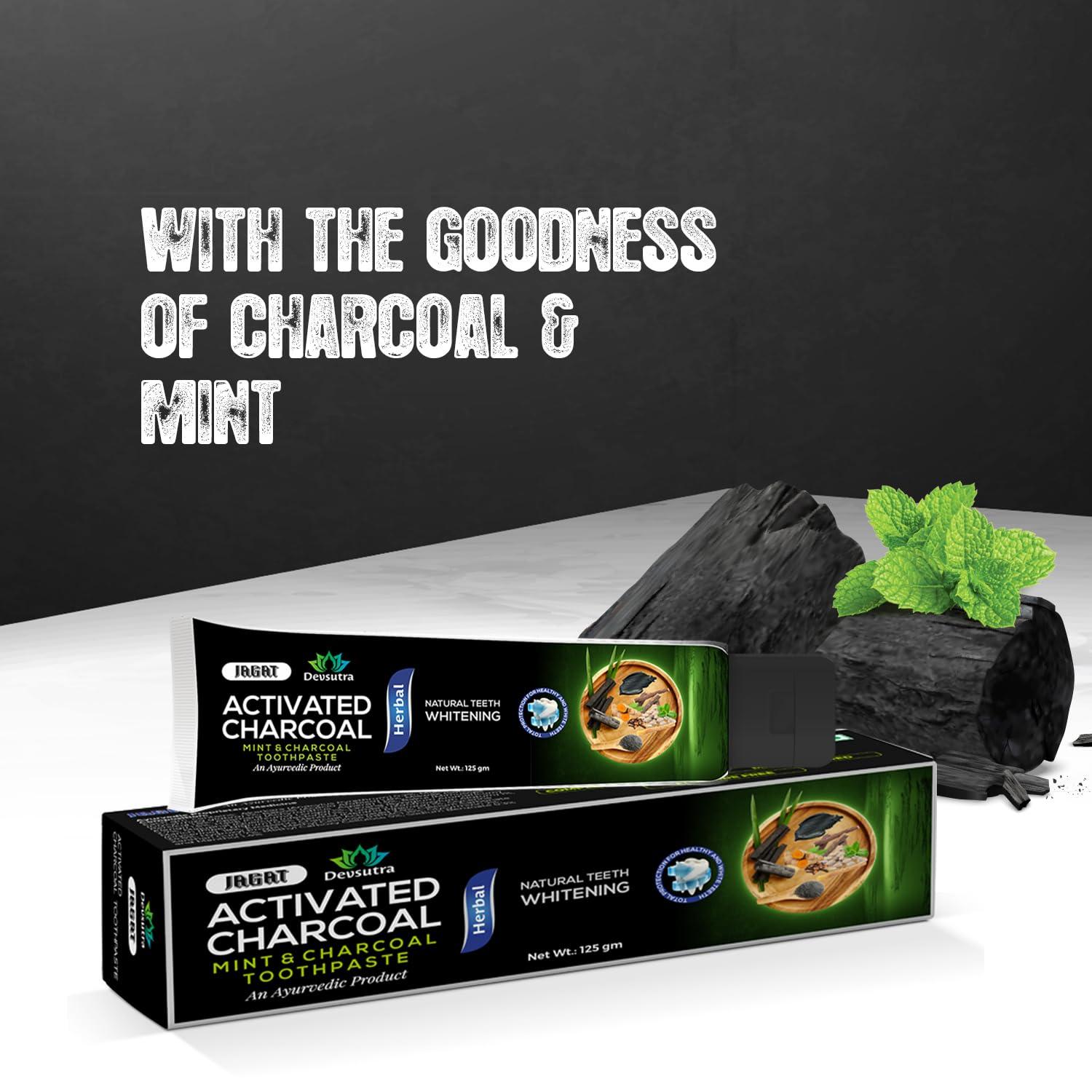 JAGAT Jagat Devsutra Dr. Trusted Ayurvedic HERBAL Activated Charcoal Toothpaste for Teeth Whitening - 100% Natural Formula with Mint Flavour, No Fluoride & Artificial Colours - Pack of 8 (100g x 8)