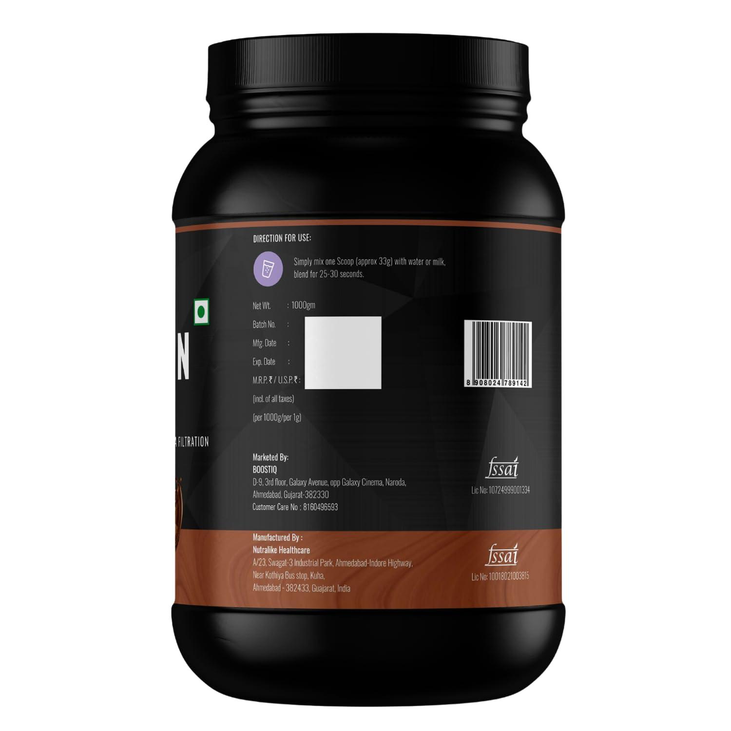 BOOSTIQ BOOSTIQ Whey Protein Concentrate 1KG Chocolate (30 Servings) | Fast Absorbing And Easy to Digest 100% Authentic Whey Protein Powder For Women, Men & Athletes | 23.7g Pure Protein Per Scoop (1KG, Chocolate)