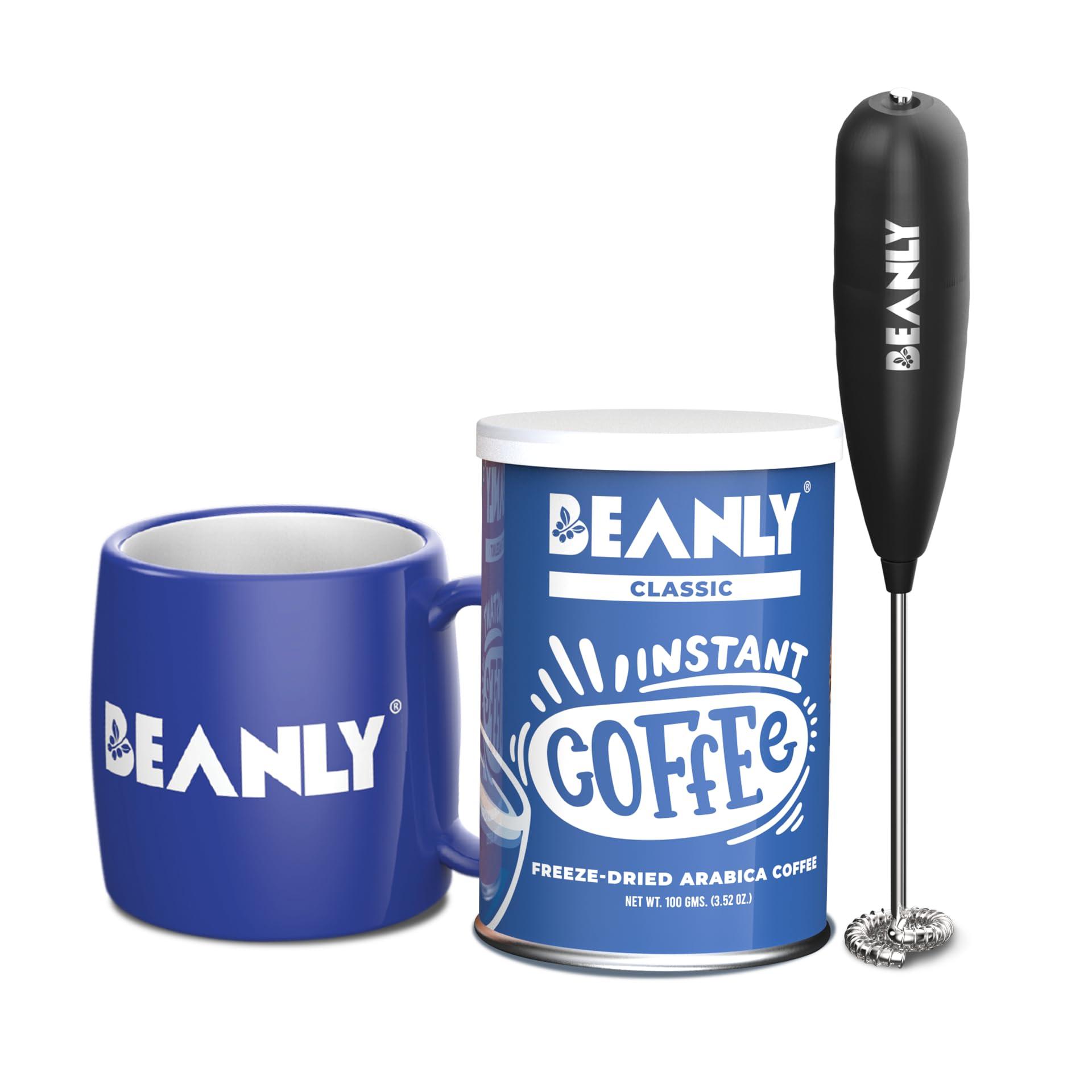 Beanly Beanly Premium Instant Coffee Kit| 1 Classic Coffee + 1 Premium Frother + 1 Mug | Makes 70 Cups | Gift For Birthday, Anniversary, Diwali | Gift for Women, Men | 100% Arabica Freeze Dried 100 gram