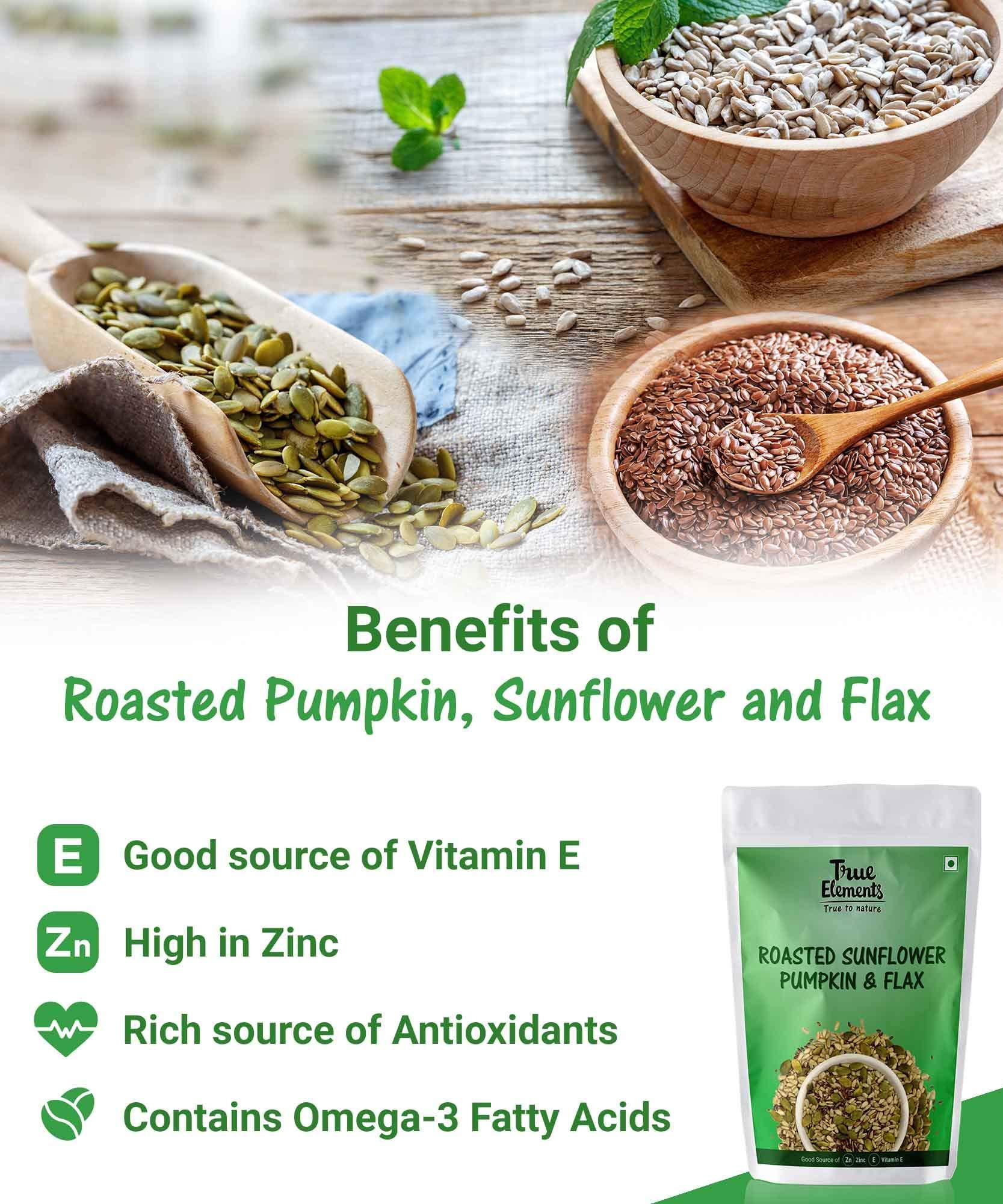 True Elements True Elements Roasted Pumpkin, Sunflower and Flax Seeds 125gm - Healthy Seeds Mix