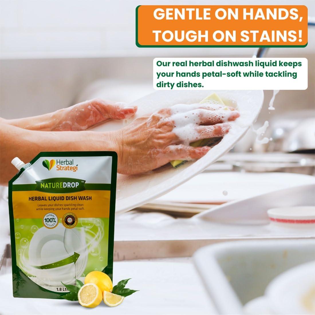 Herbal Strategi Herbal Strategi Dishwashing Liquid Gel - Natural & Vegan with Refreshing Lemon Oil | Soft on Hands | Certified Eco-Friendly & Non-Toxic | Baby and Pet Safe with 100% Herbal Actives | 1.8L Refill Pack
