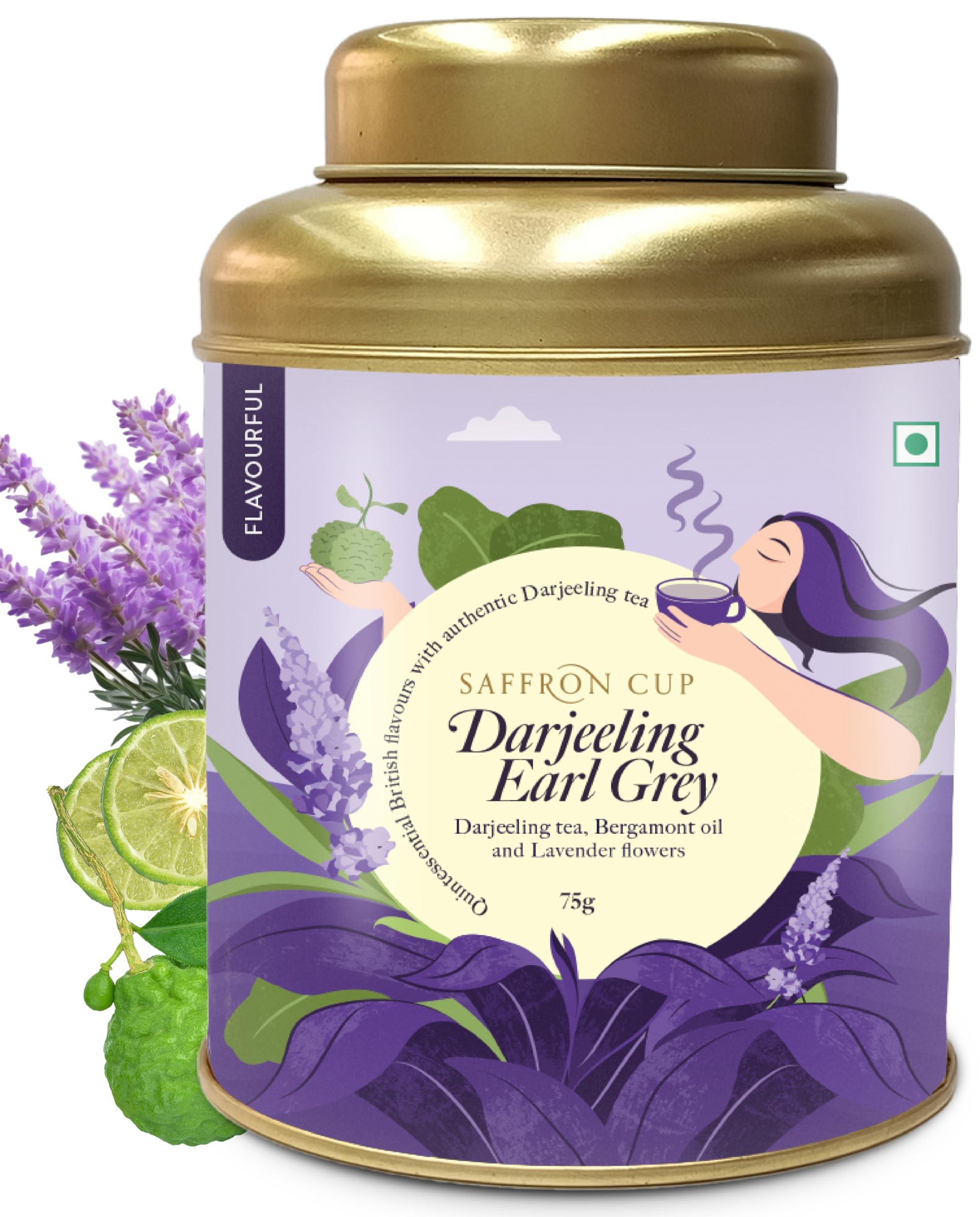 Saffron Cup Saffron Cup Darjeeling Earl Grey Black Tea | Loose Tea Leaves 100 gm | Strong Darjeeling Tea Blended with Bergamot Flavour and Lavender Flowers | Boosts Energy & Metabolism, Improves Immunity | 100% Natural Teas