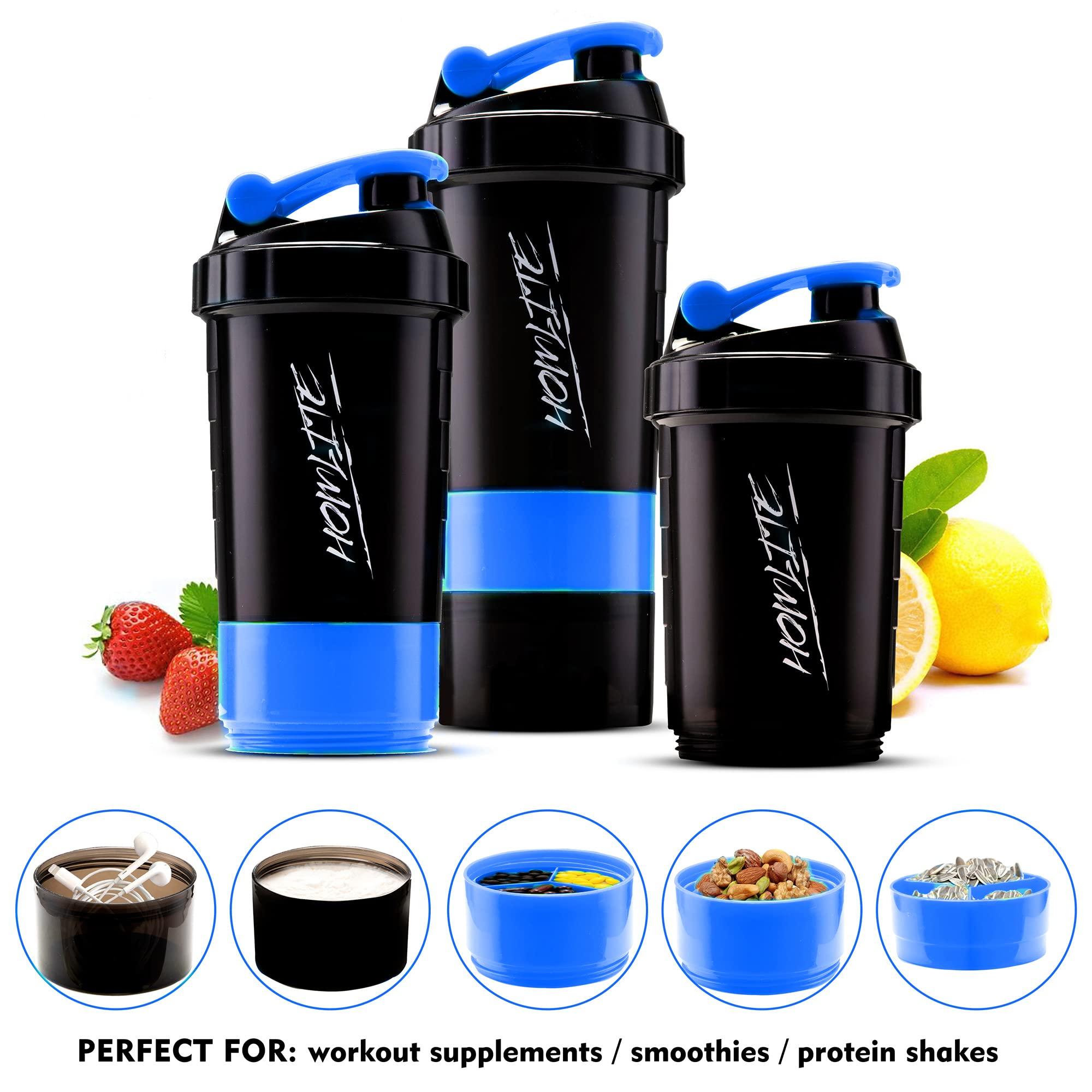 Homlite HOMLITE Protein Shaker Bottle Non-Slip 3 Layer Twist Off, Leak-Proof Blender Bottle with Supplement and Pill Storage Compartment (Blue)