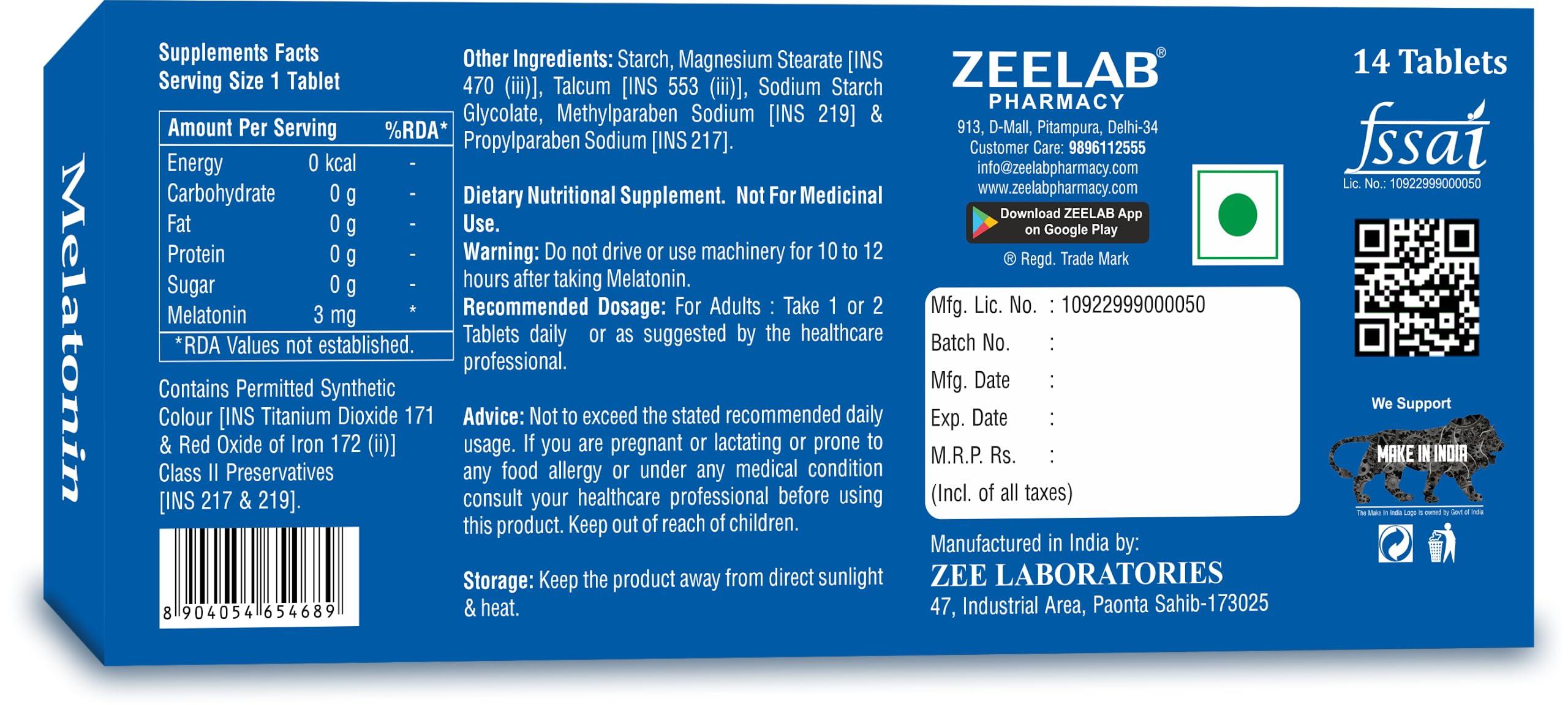 Zeelab Zeelab Melatonin 3mg Sleeping Tablet | Sleeping Pills for Deep and Stress Relief Sleep
