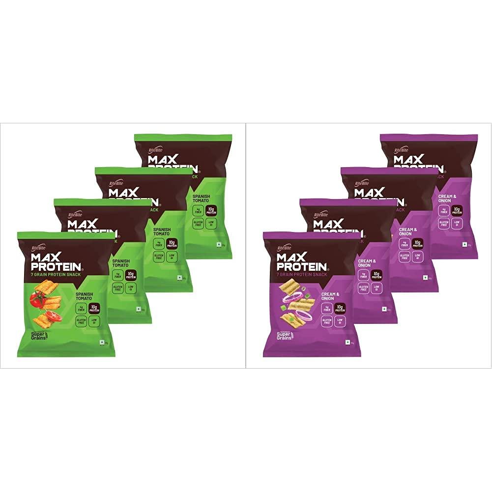 RiteBite Max Protein RiteBite Max Protein Chips - Spanish Tomato 60g - Pack of 4 & Max Protein Chips - Cream and Onion 60g - Pack of 4