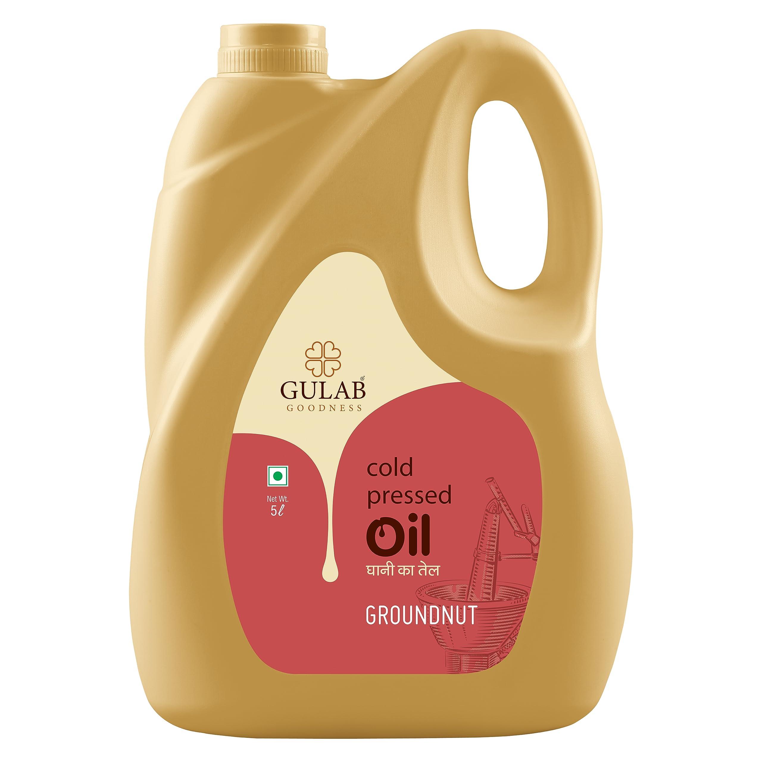 GULAB Gulab Cold Pressed Groundnut Oil - 5 Litre | Peanut Oil | Sing Tel | Kolhu/ Kachhi Ghani/ Chekku/ Wood Pressed | Natural Cooking Oil | Chemical Free