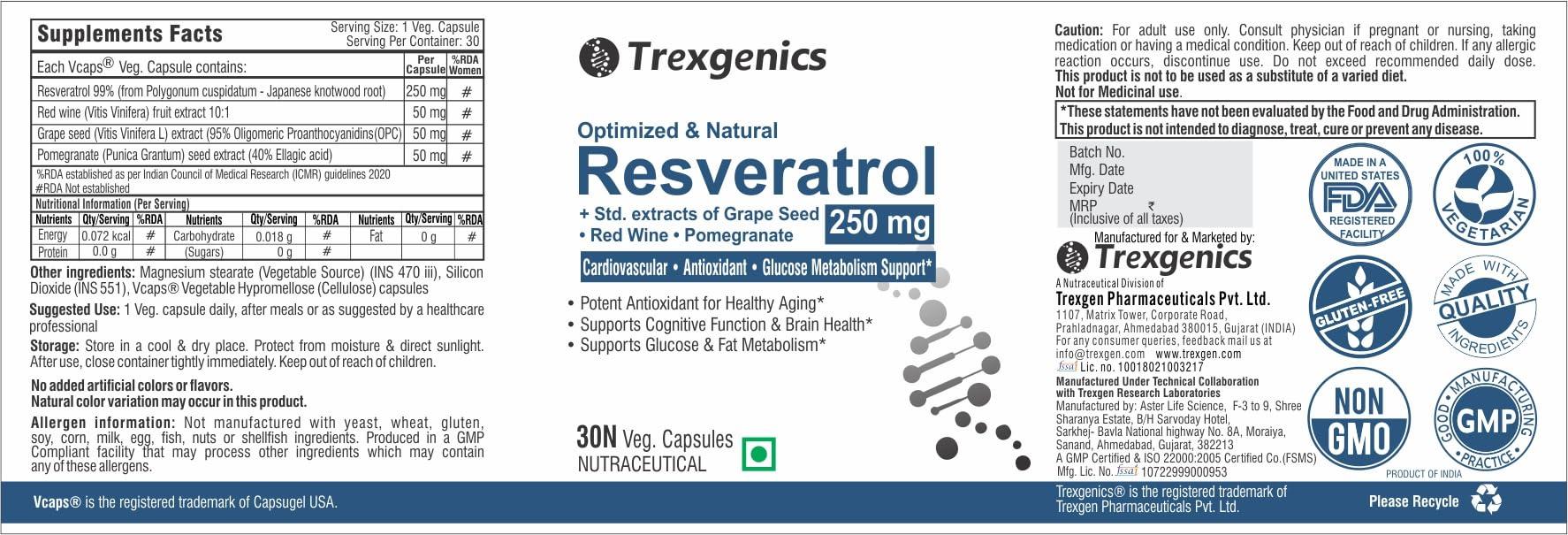 Trexgenics Trexgenics Natural RESVERATROL 250 mg + Grape Seed OPC, Pomegranate Ellagic acid, Red Wine Cardiovascular Health, Antioxidant & Glucose Metabolism VEGAN & NON-GMO (30 Veg. Capsules) (Pack of 1)