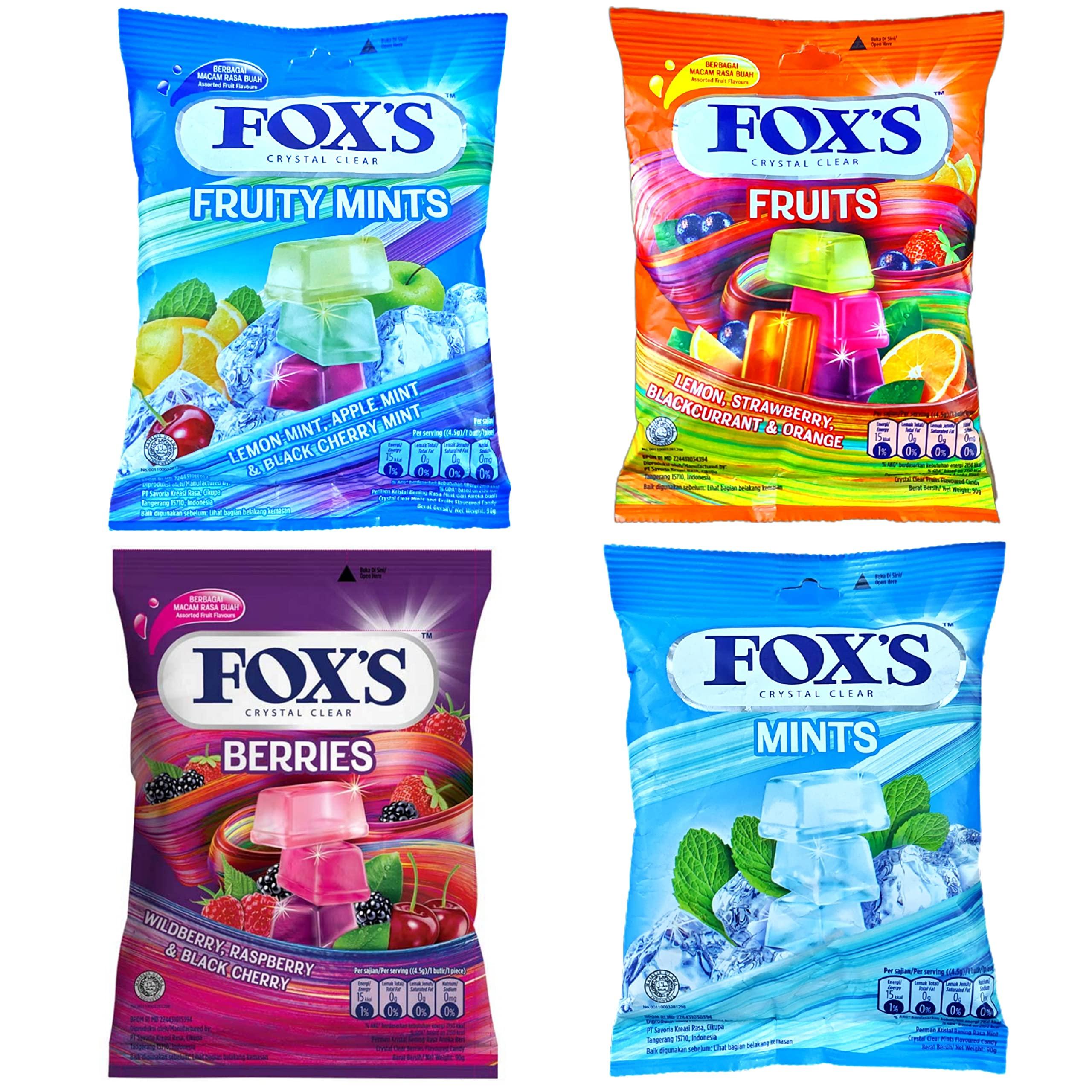 Fox's Crystal Clear Fox's Crystal Clear Candy- Mints Candy, Fruits Candy, Berries Candy and Fruity Mints Candy 90Gms Each- Combo Pack of 4